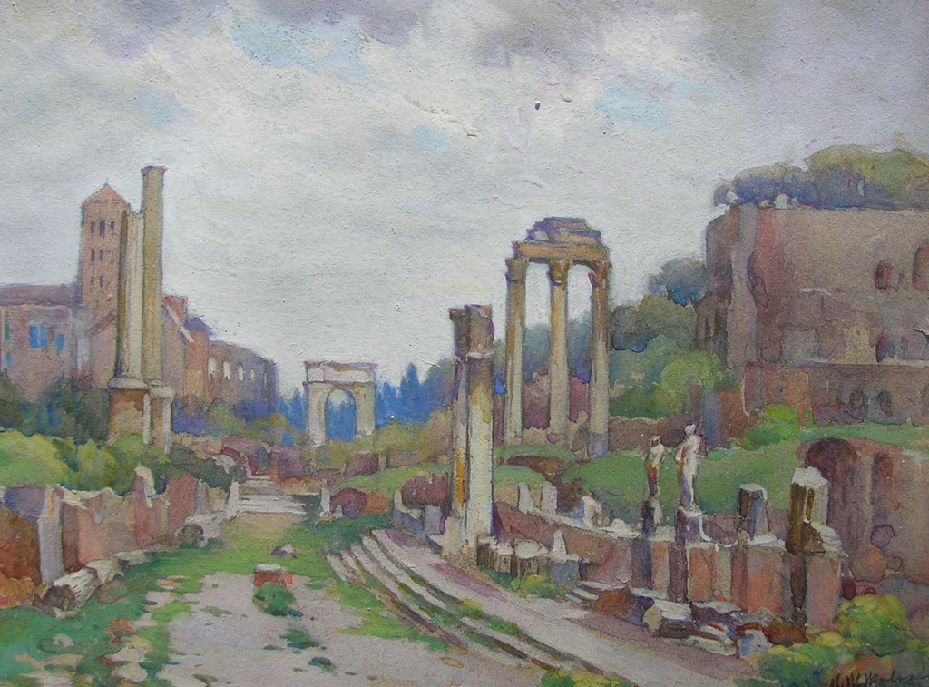 19. WOODWARD, MABEL (1877 - 1945), Looking Across the Roman Ruins, Watercolor, 10" x 13" Framed. $3,000.